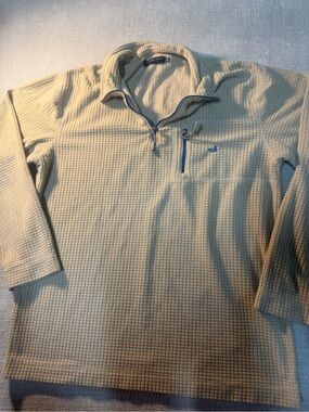 Southern Marsh Beige Waffle-Knit Quarter-Zip Pullover with Blue Zip Accent